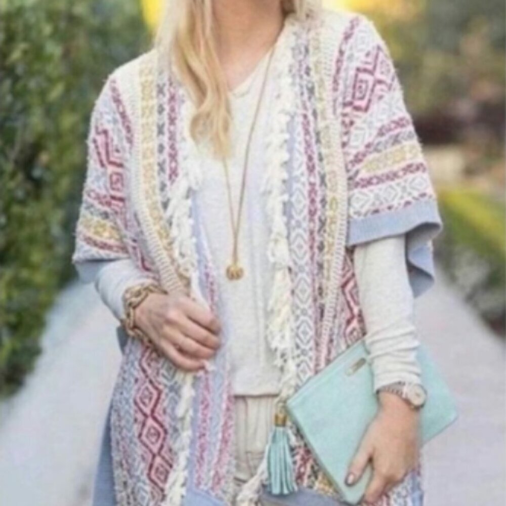 CABI Cardigan Sweater Multicolor Siesta Poncho Fringe Southwestern Boho